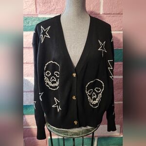 No Boundaries Black Cardigan with Skull and Star Patterns